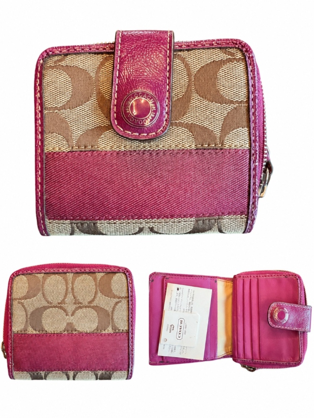 Coach Signature C Compact Zip Wallet Pink & Tan